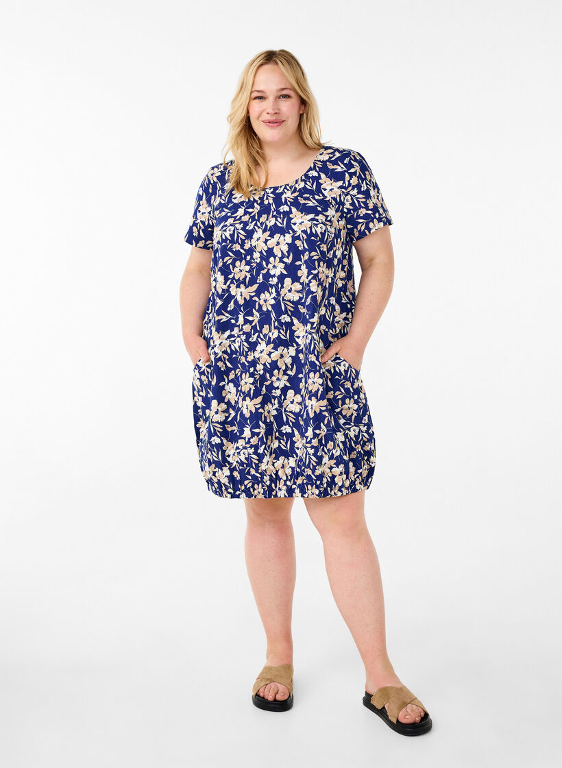 Katoenen jurk met korte mouwen en bloemenprint, Blauw, Model image number 1