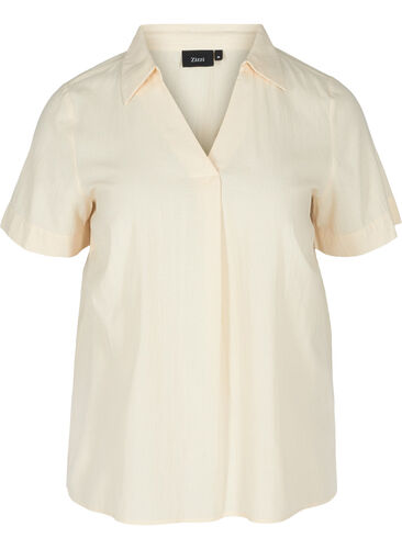 Katoenen top met korte mouwen, v-hals en kraag, Mother Of Pearl, Packshot image number 0