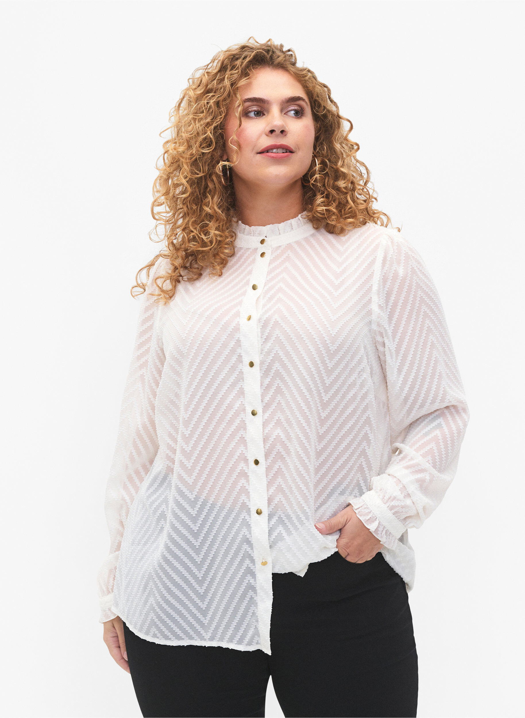 Zizzi Shirtblouse met ruches en gedessineerde textuur, Snow White, Model image number 0