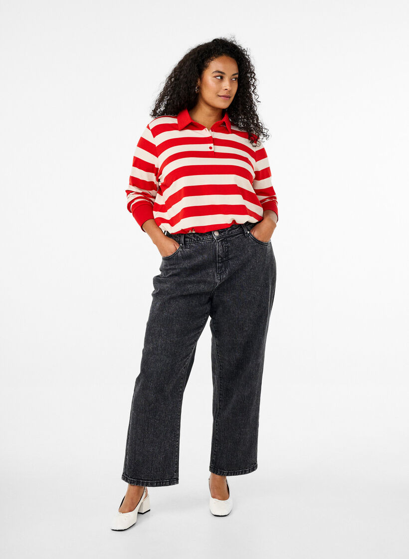 Polo shirt met lange mouwen en strepen, Rood, Model image number 1