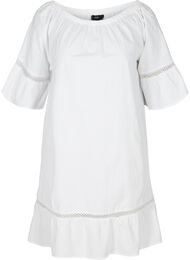 Katoenen jurk met kanten rand en korte mouwen, Bright White