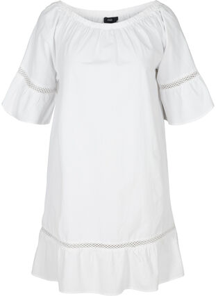 Katoenen jurk met kanten rand en korte mouwen, Bright White, Packshot image number 0