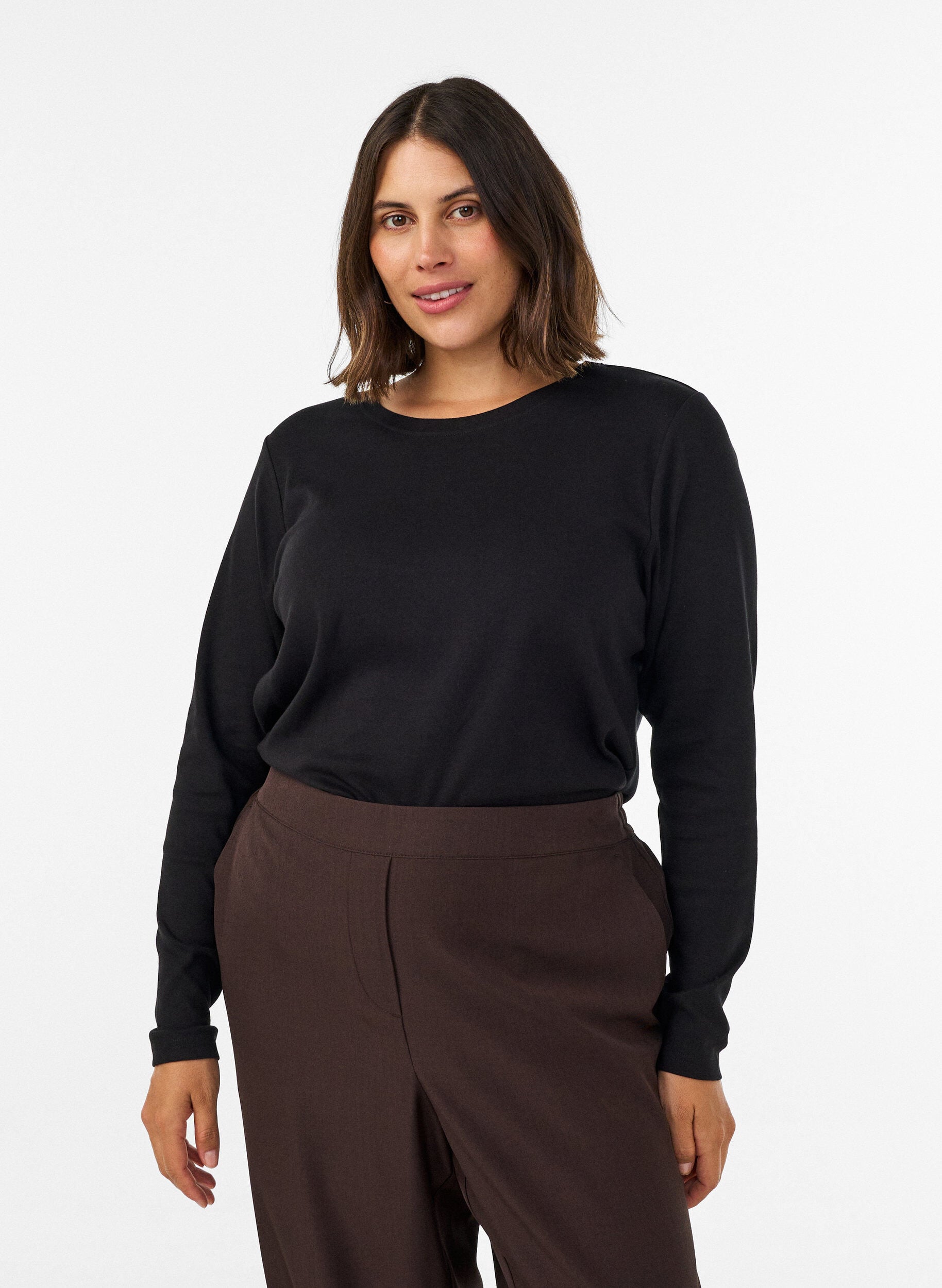 ZizziBasic T-shirt met lange mouwen en ronde hals, Zwart, Model image number 0