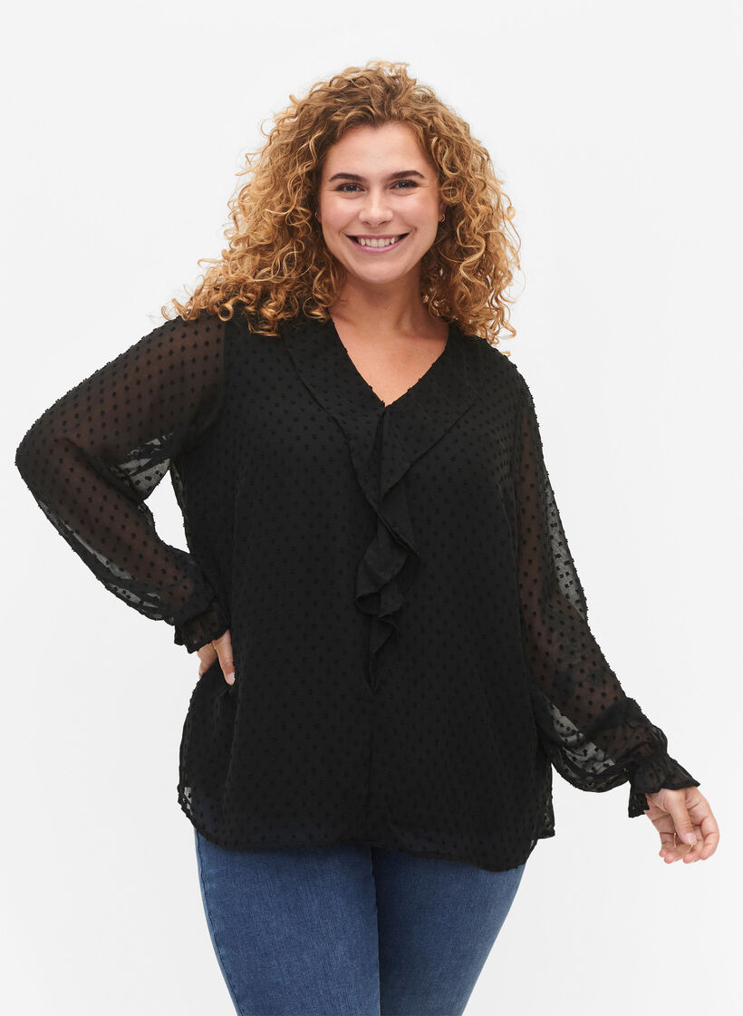 Blouse met ruches en gestippelde structuur, Black, Model image number 0