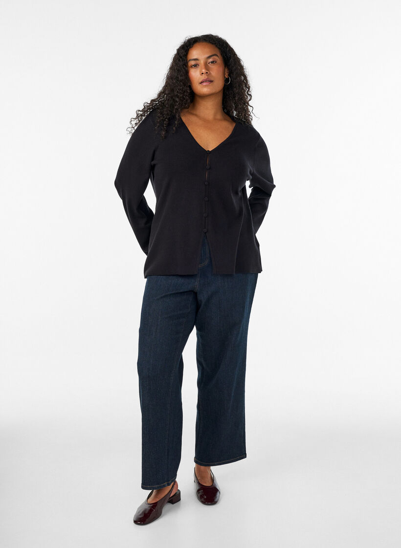 Fijngebreid vest met stofbeklede knopen, Zwart, Model image number 1