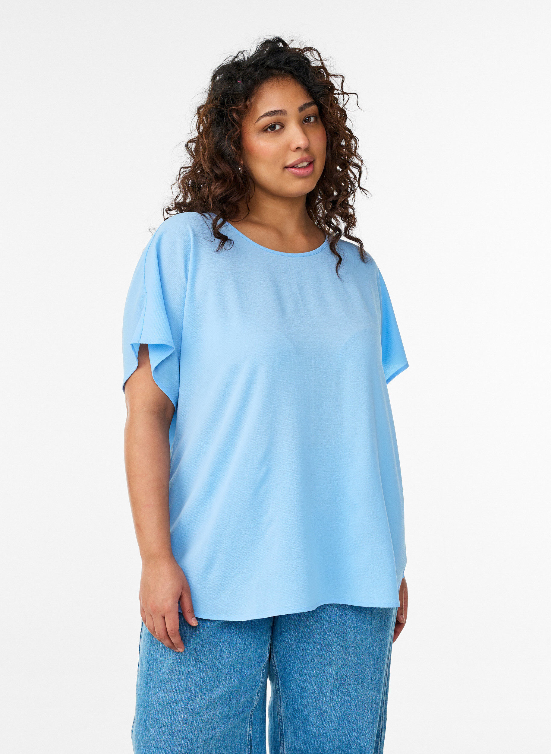 Blouse met korte mouwen en een ronde halslijn, Blauw, Model