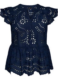 Mouwloze blouse met broderie anglaise en ruches, Blauw