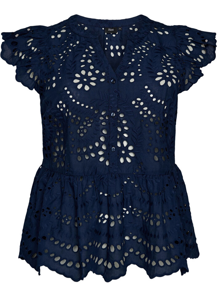 Mouwloze blouse met broderie anglaise en ruches, Blauw, Packshot image number 0