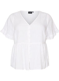 Blouse in linnen en viscose met een V-hals en knoopsluiting, Wit