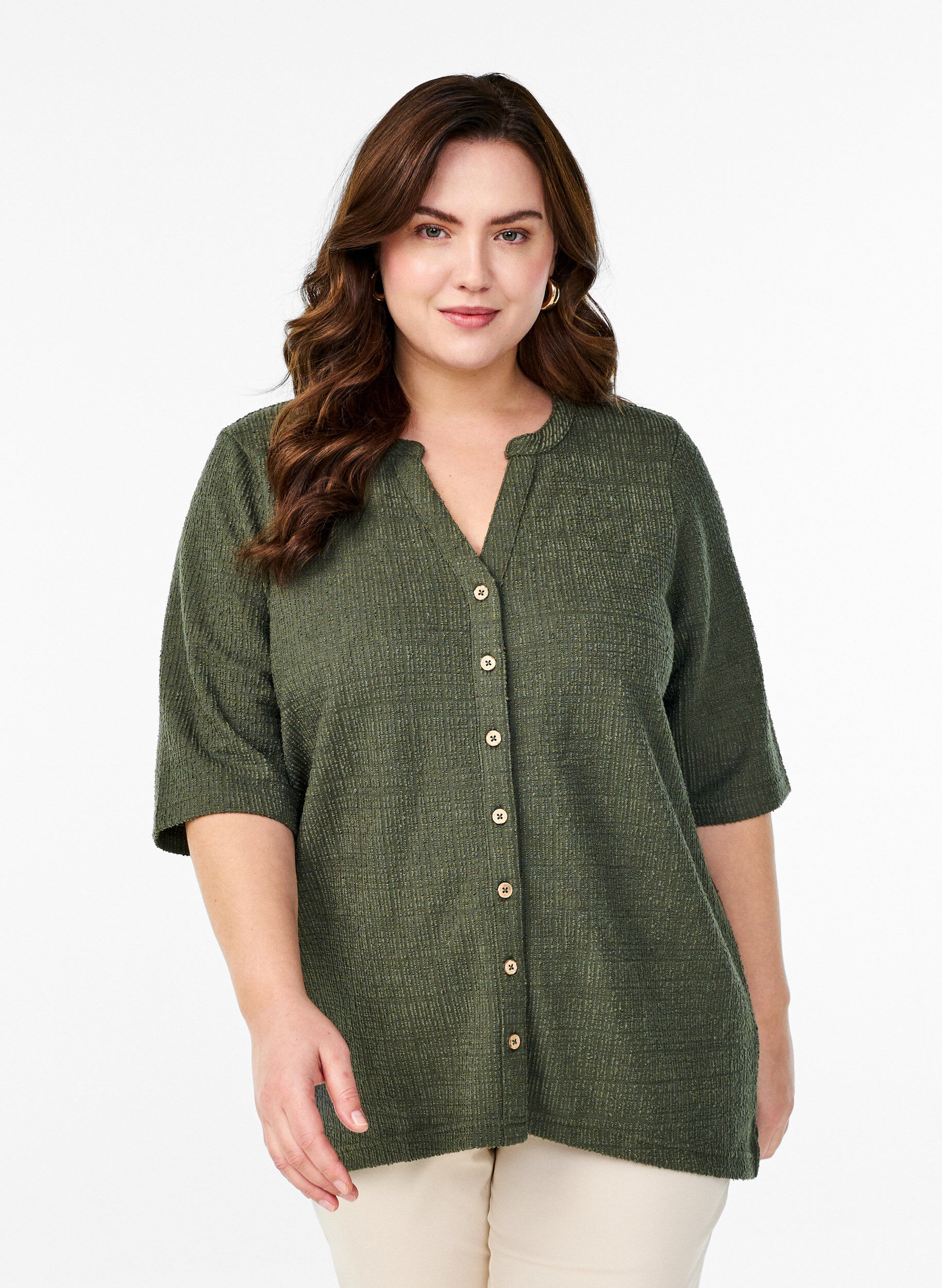 Zizzi Gestructureerde blouse met V-hals, Thyme, Model image number 0