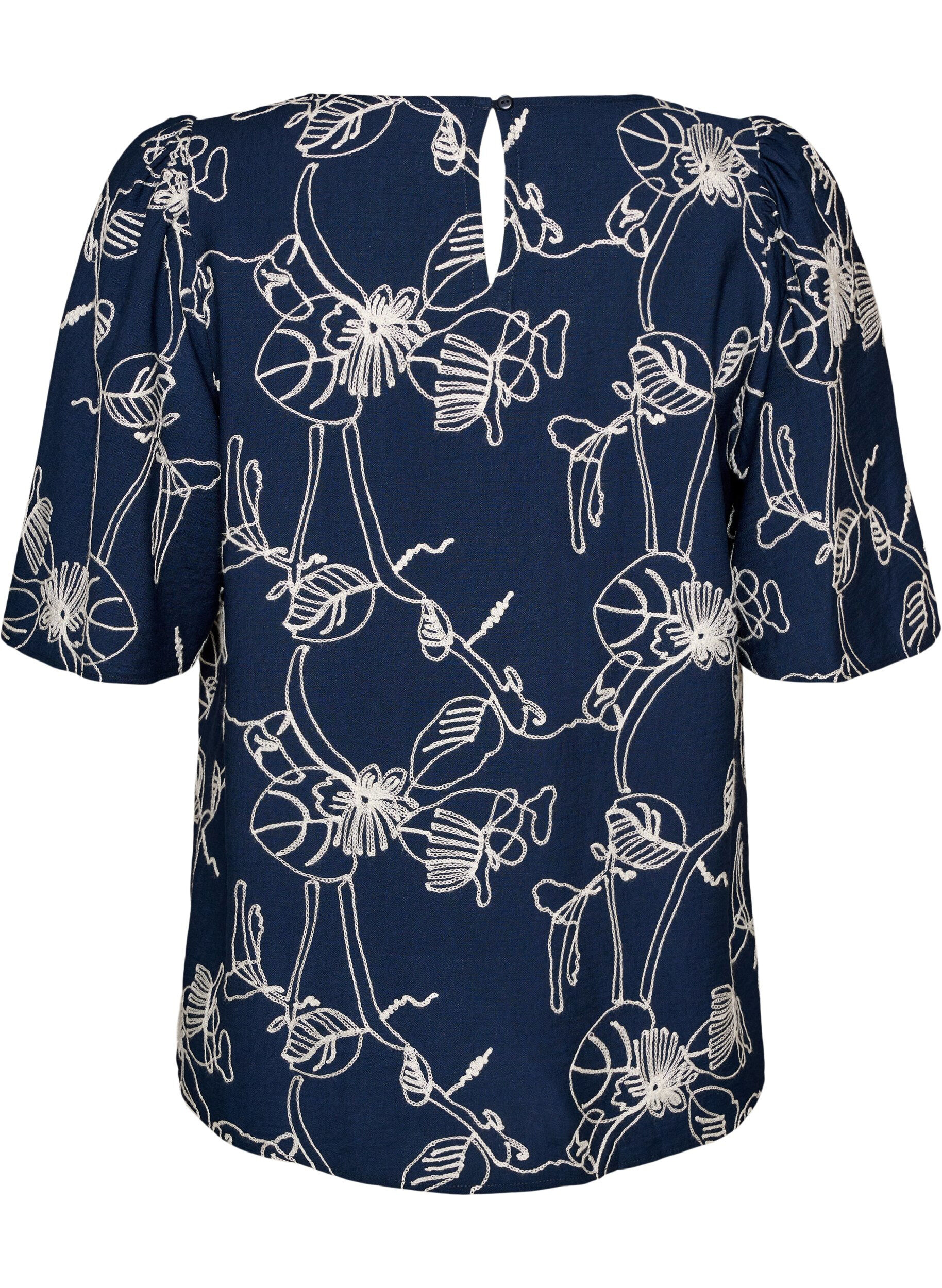 ZizziBlouse met korte mouwen en geborduurd patroon, Blauw, Packshot image number 1