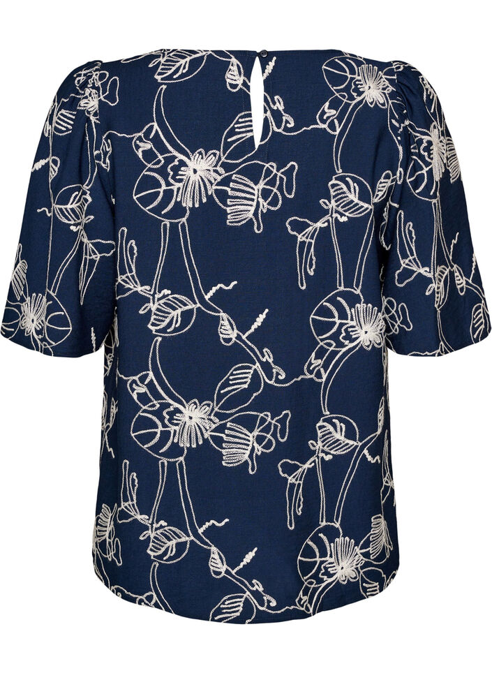 Blouse met korte mouwen en geborduurd patroon, Blauw, Packshot image number 1