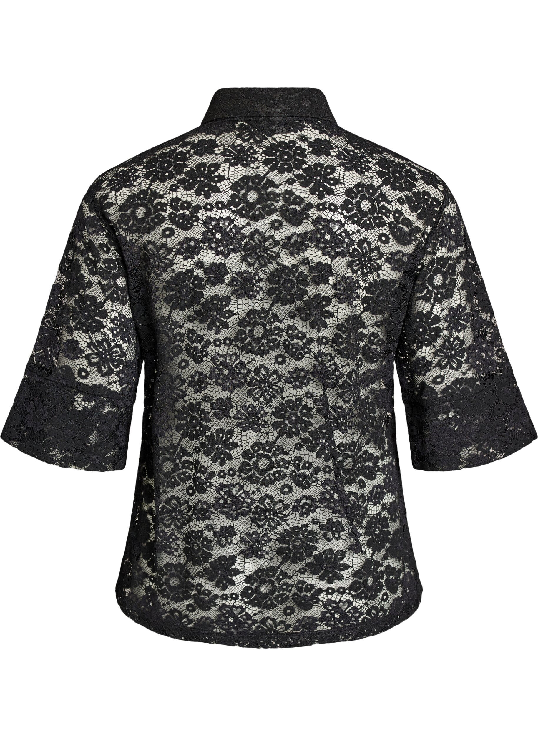 Zizzi Kanten blouse met kraag en 1/2 mouwen, Zwart, Packshot image number 1