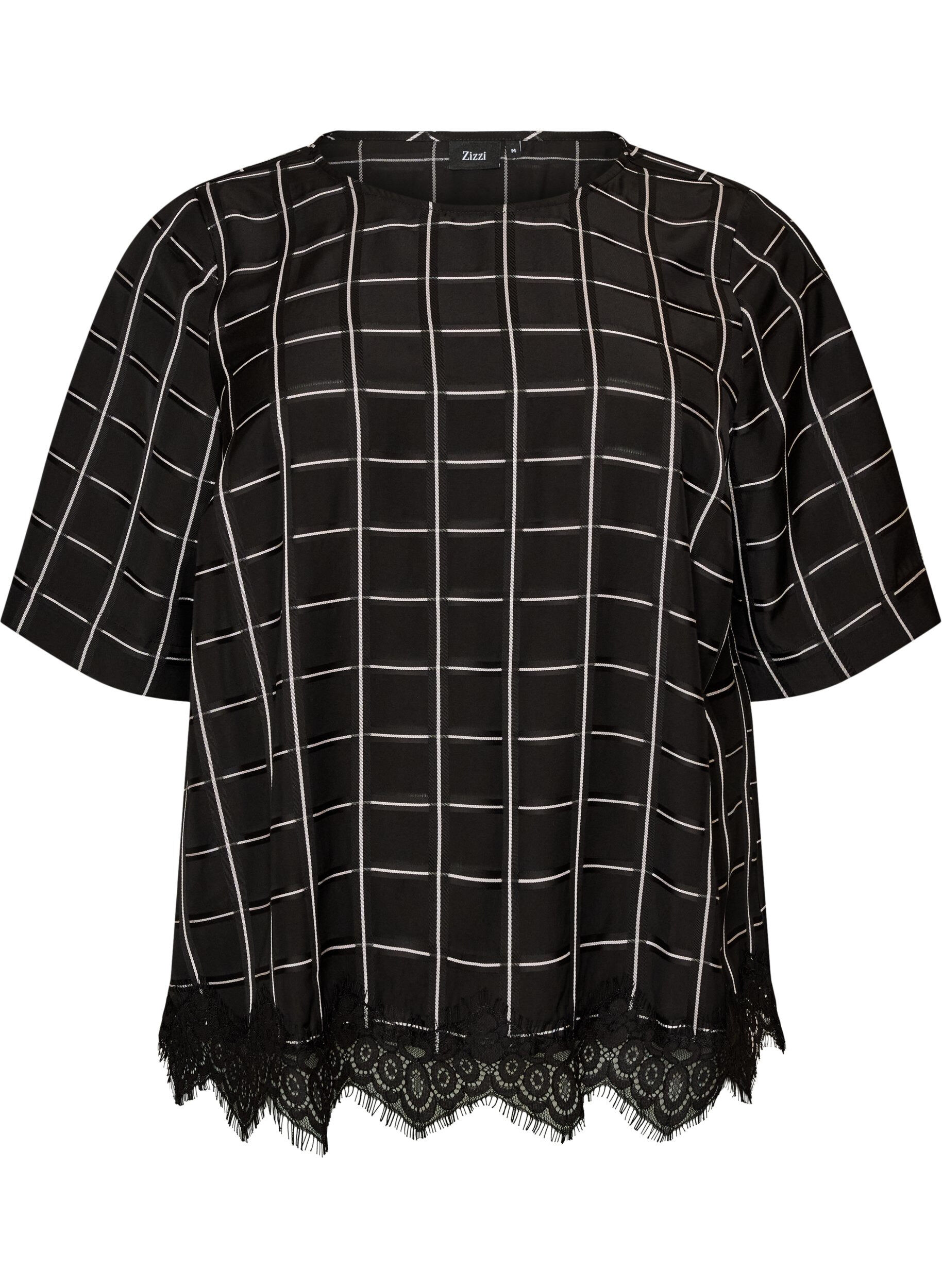 ZizziBlouse met ruitjes, kanten afwerking en ellebooglange mouwen, Zwart, Packshot image number 0