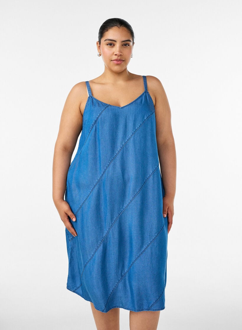 Denimlook jurk in TENCEL&trade; Lyocell met bandjes, Blauw, Model image number 0