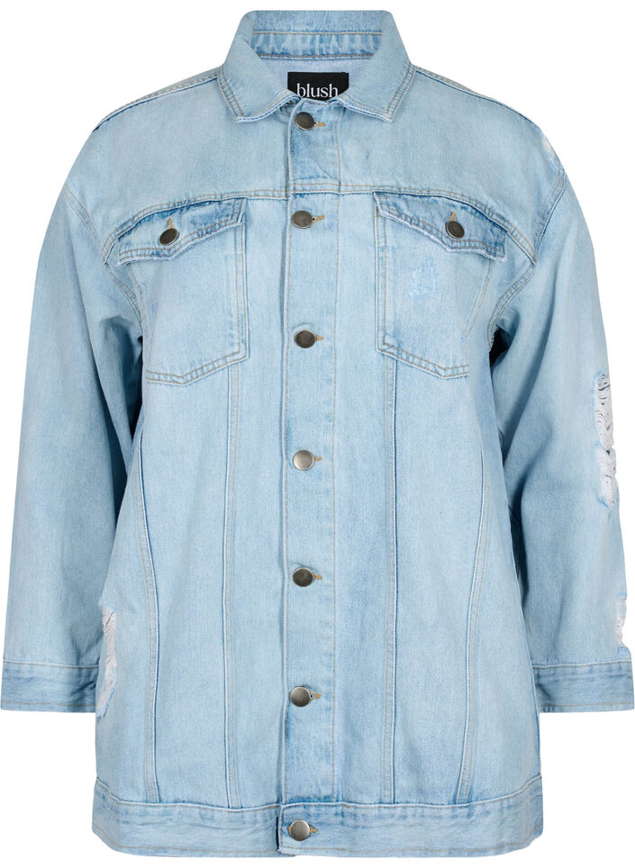 Loszittend denim jack met slijtagedetails, Light blue denim, Packshot image number 0