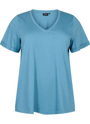 Katoenen t-shirt met v-hals, Aegean Blue, Packshot image number 0