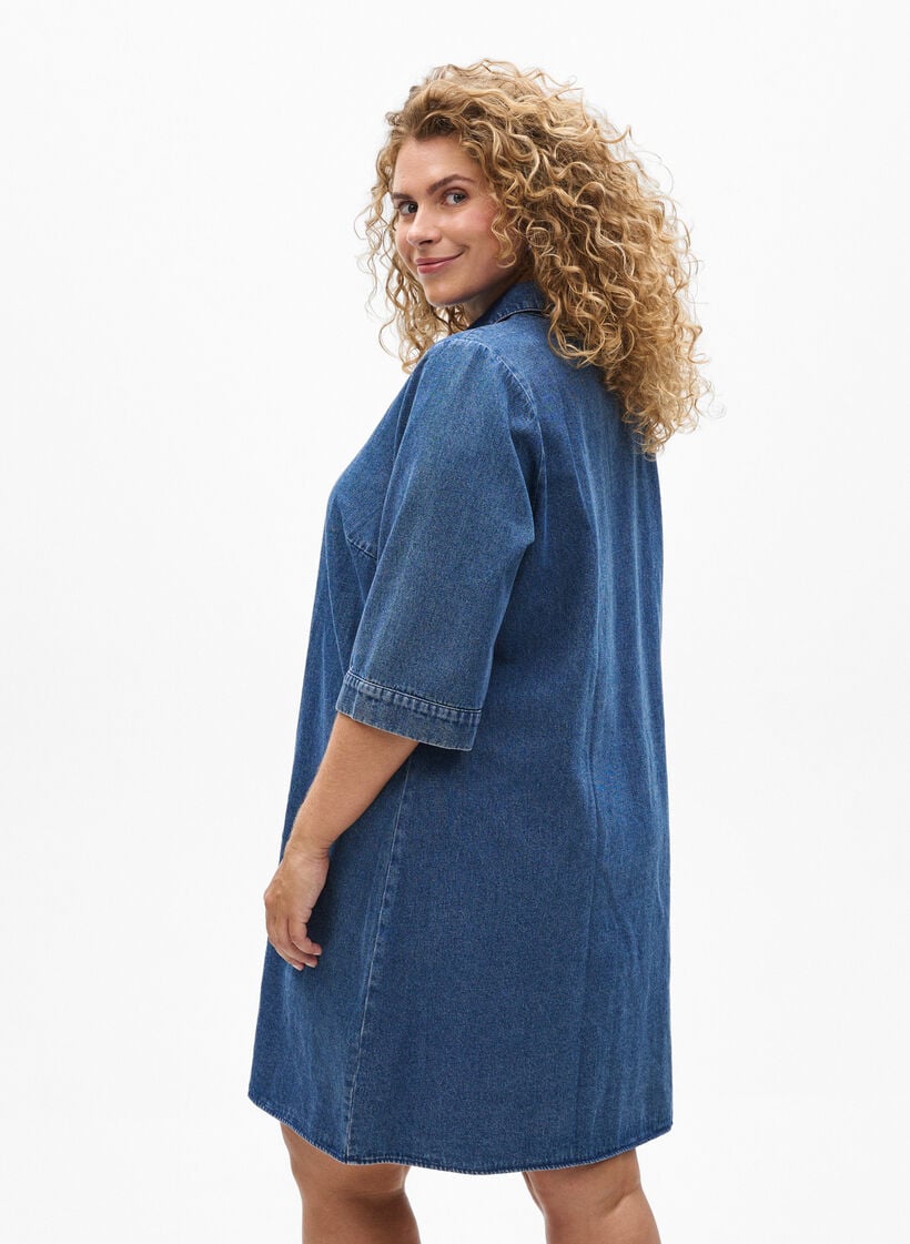 Korte denimjurk met ritssluiting en 3/4 mouwen, Blauw, Model image number 2