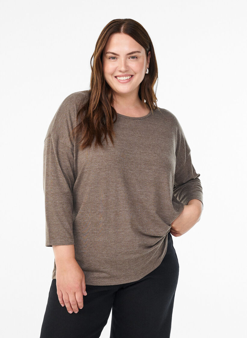 Jersey blouse met 3/4 mouwen, Bruin, Model image number 0