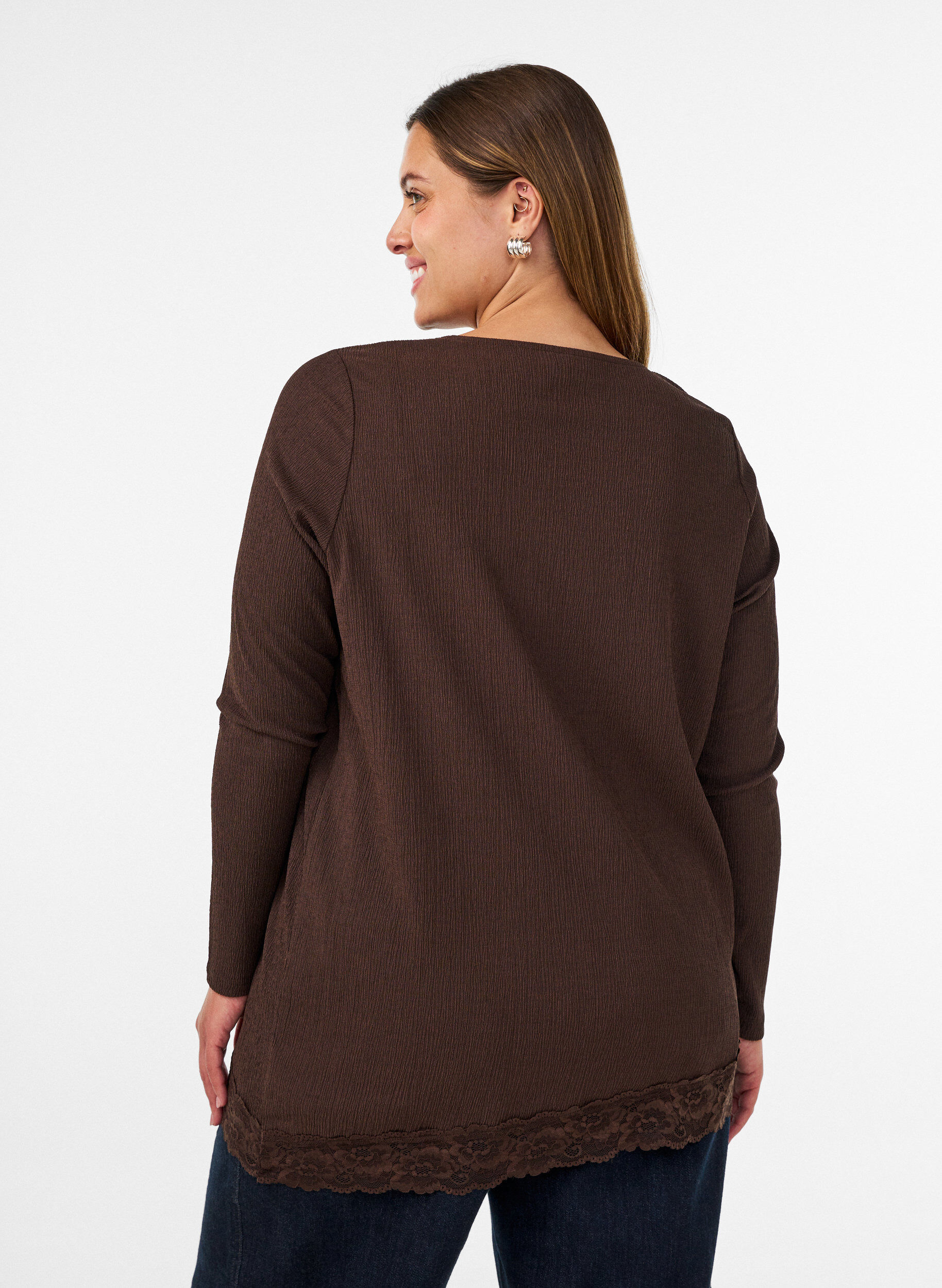 ZizziJersey blouse met asymmetrische kanten rand, Bruin, Model image number 2