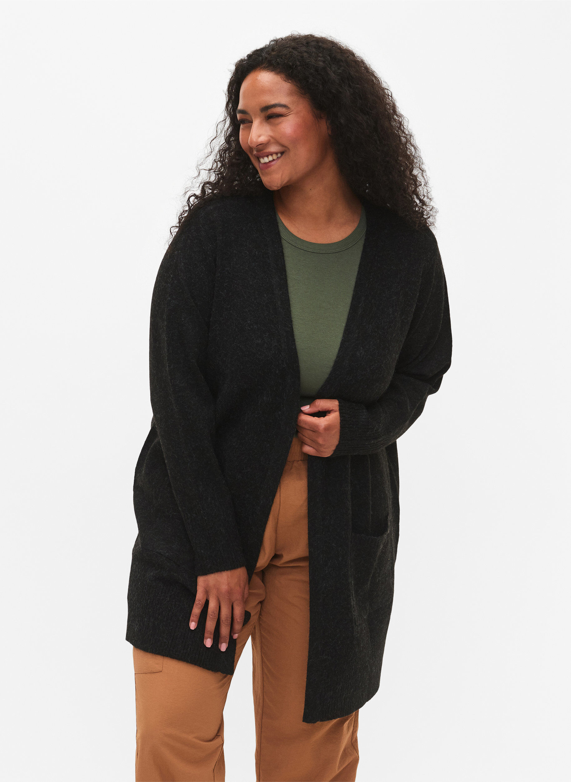 ZizziGevlekt gebreid vest met zakken, Grijs, Model image number 0