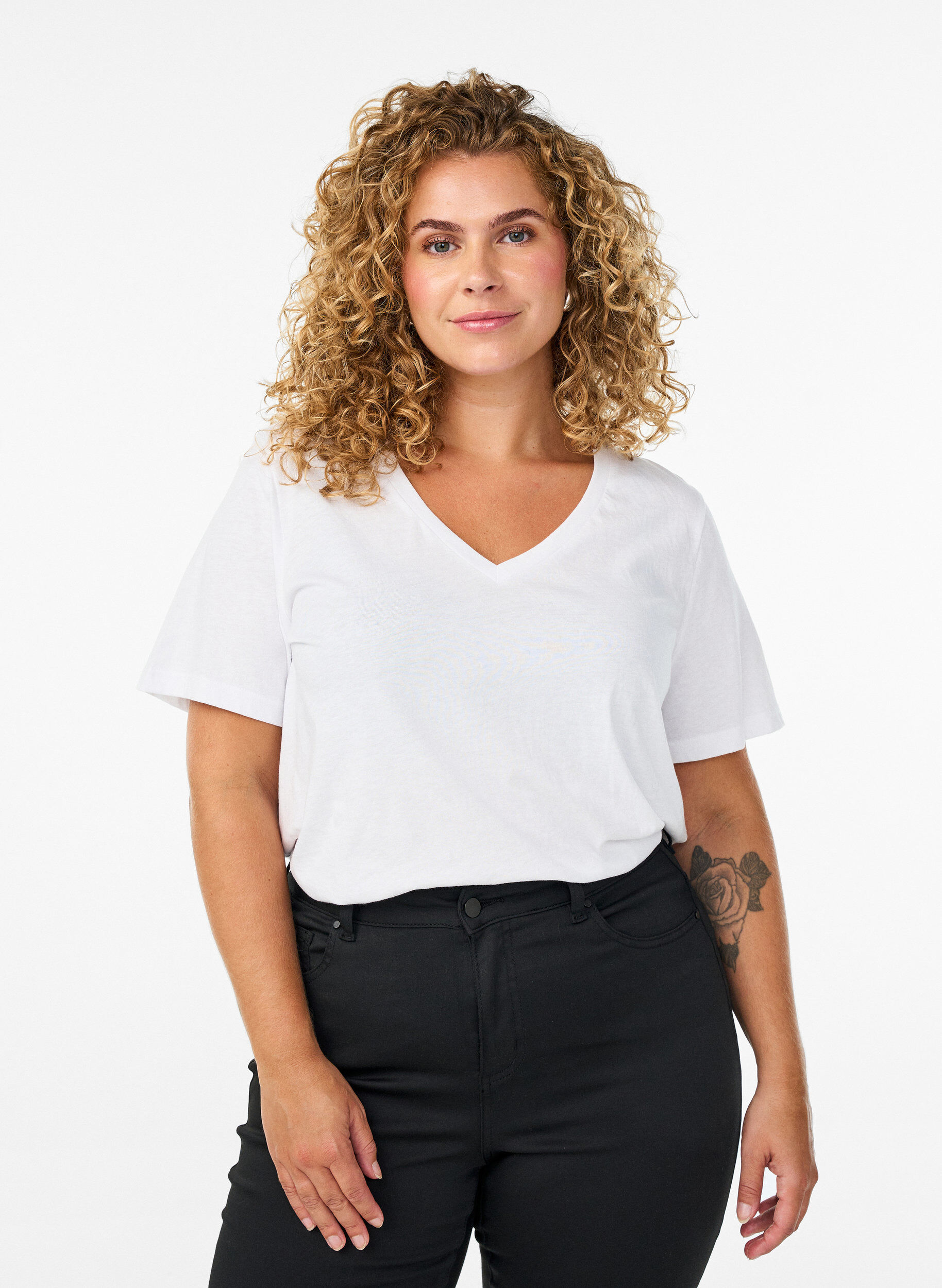 T-shirt met korte mouwen en v-hals, Wit, Model