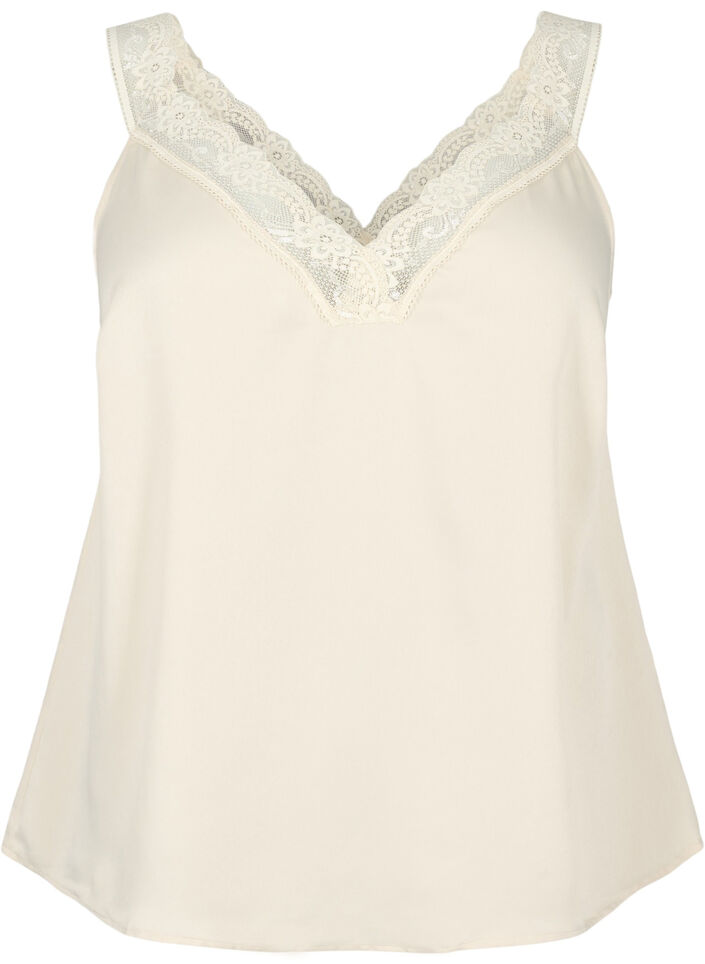 FLASH - Top met V-hals en kanten rand, Fog, Packshot image number 0