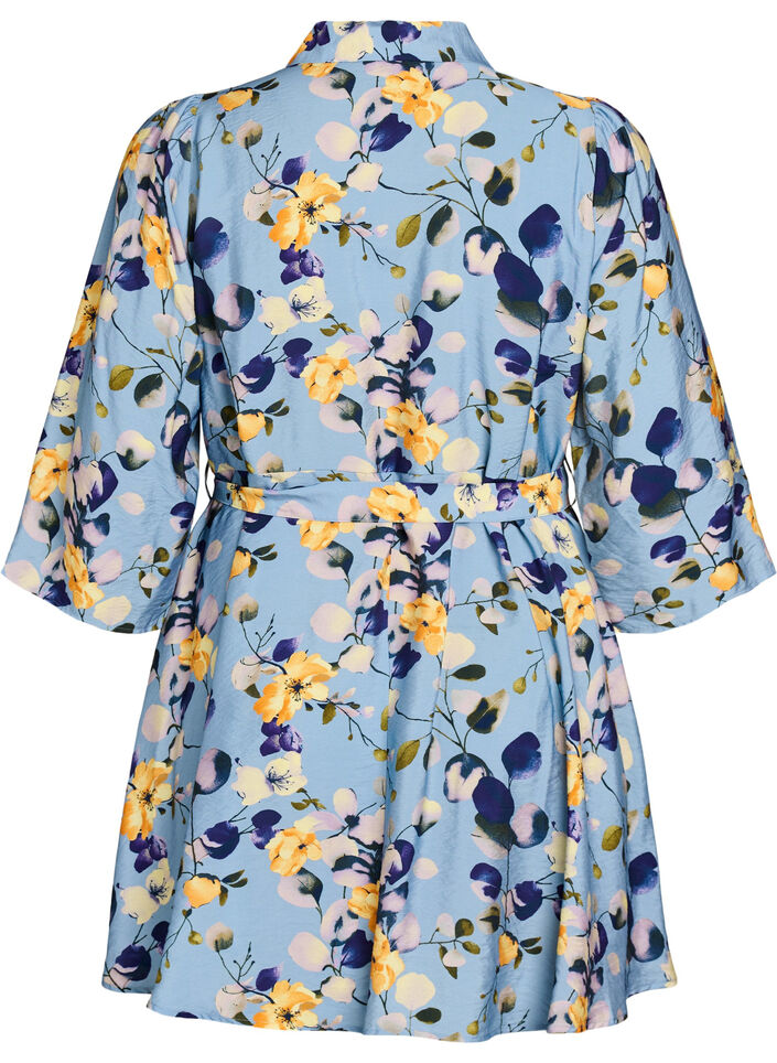 Gedessineerde tuniek met strikceintuur en 3/4-mouwen, Blauw, Packshot image number 1