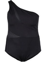 One-shoulder badpak met mesh, Black