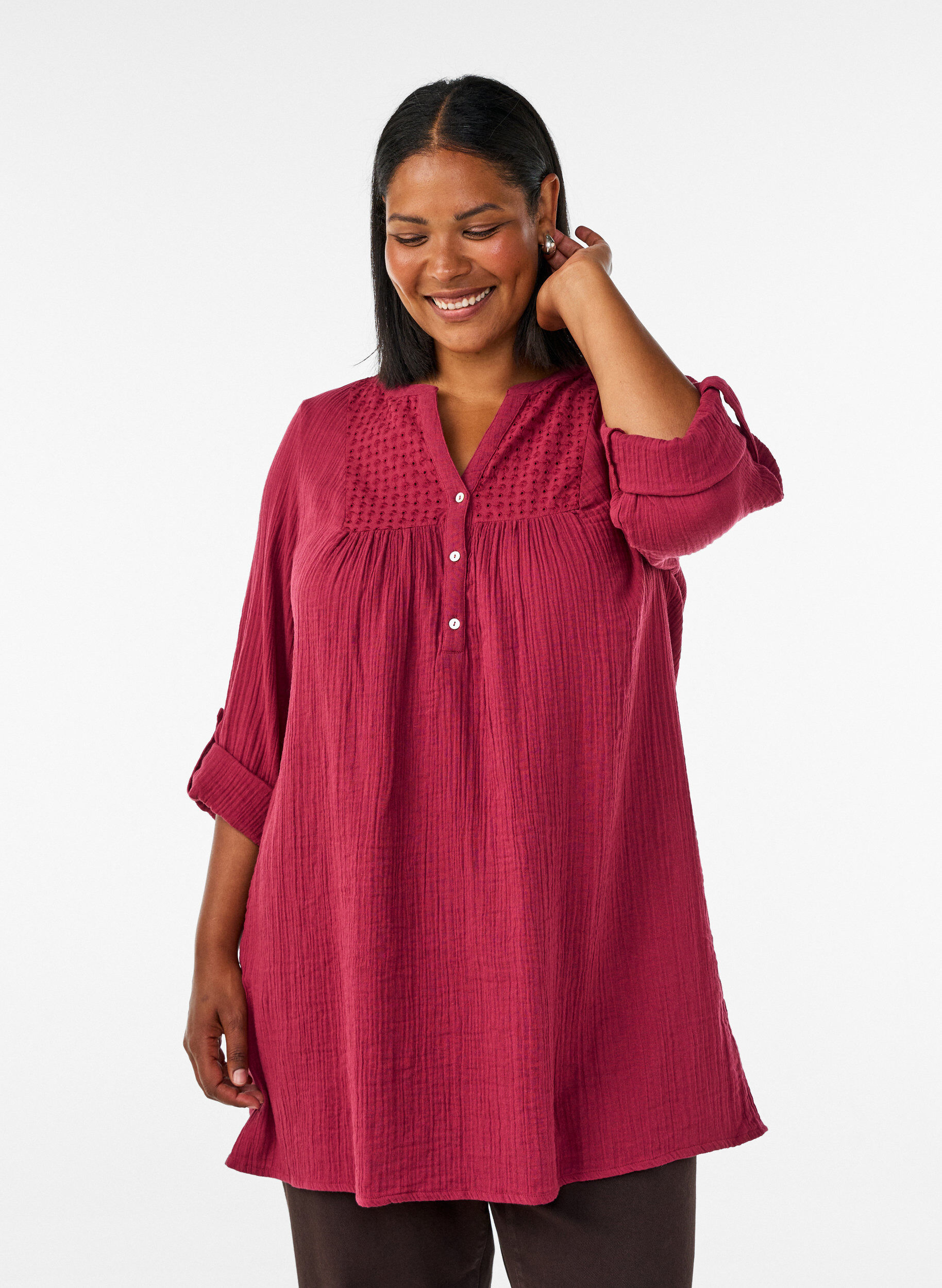 ZizziKatoenen mousseline tuniek met broderie anglaise, Rood, Model image number 0