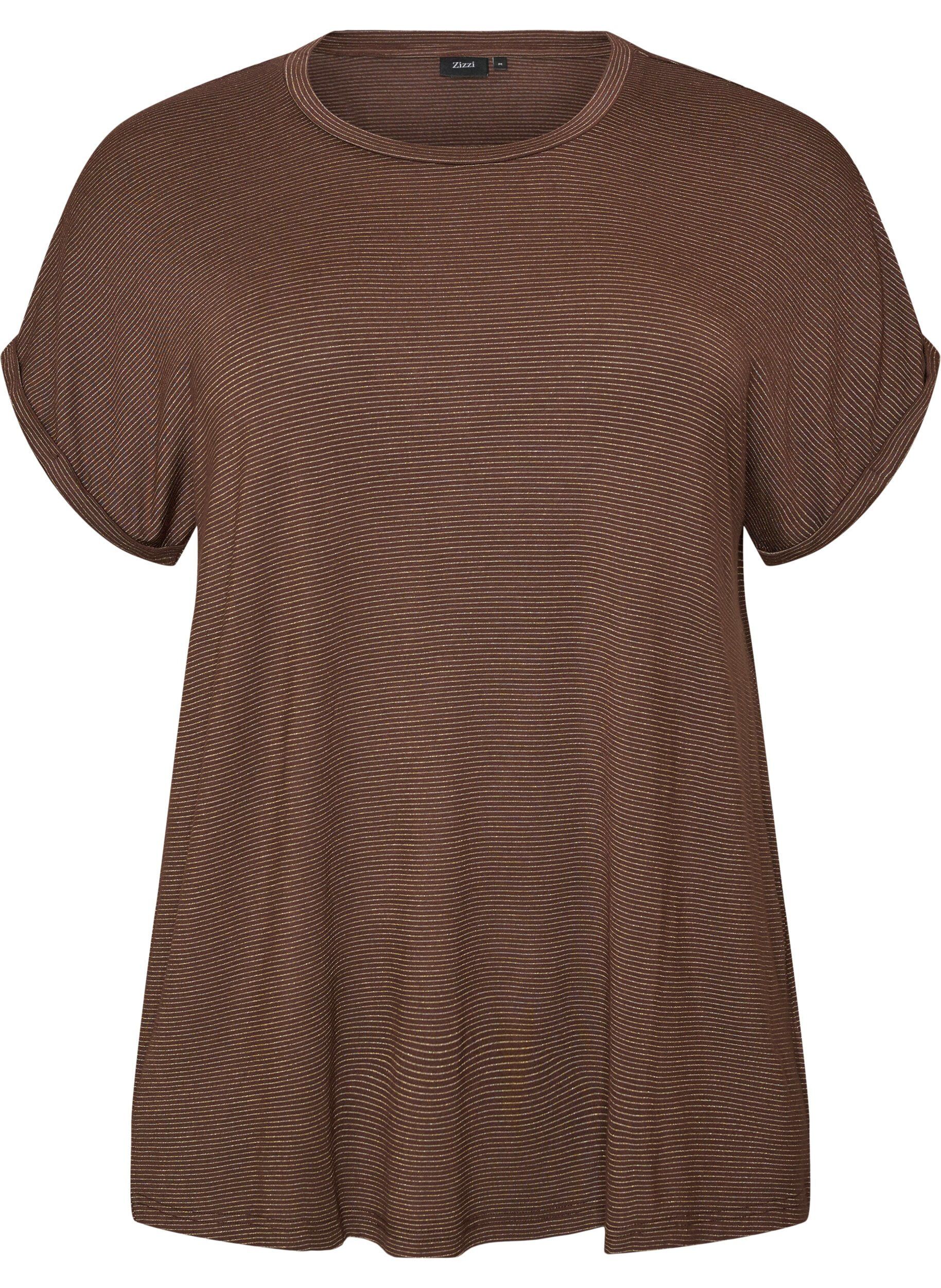 ZizziViscose T-shirt met glitterstrepen, Bruin, Packshot image number 0