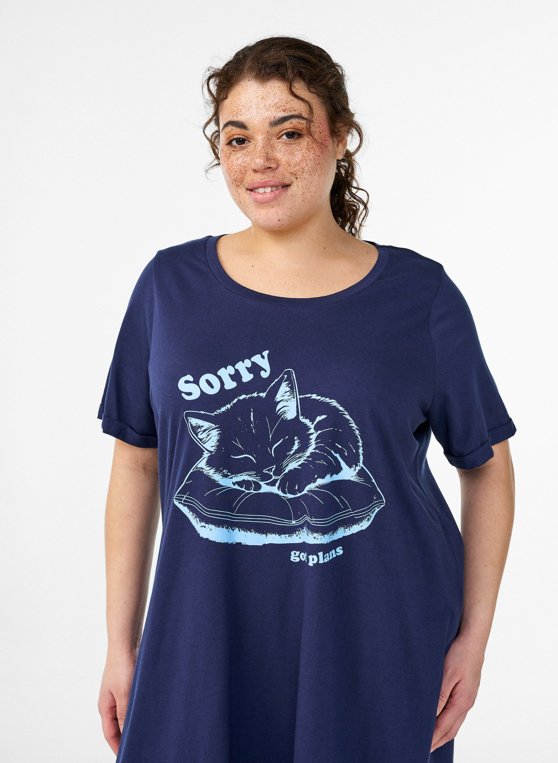 Zizzi Nachtjapon met korte mouwen van biologisch katoen, Blauw, Model image number 2