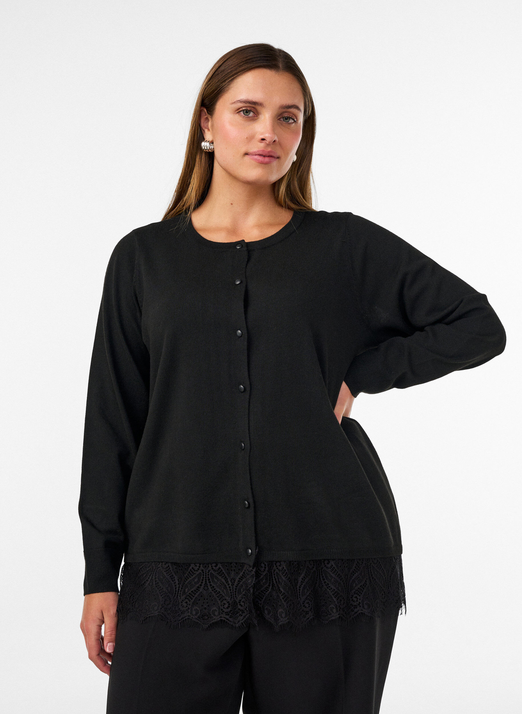 Cardigan met brede kanten zoom, Zwart, Model