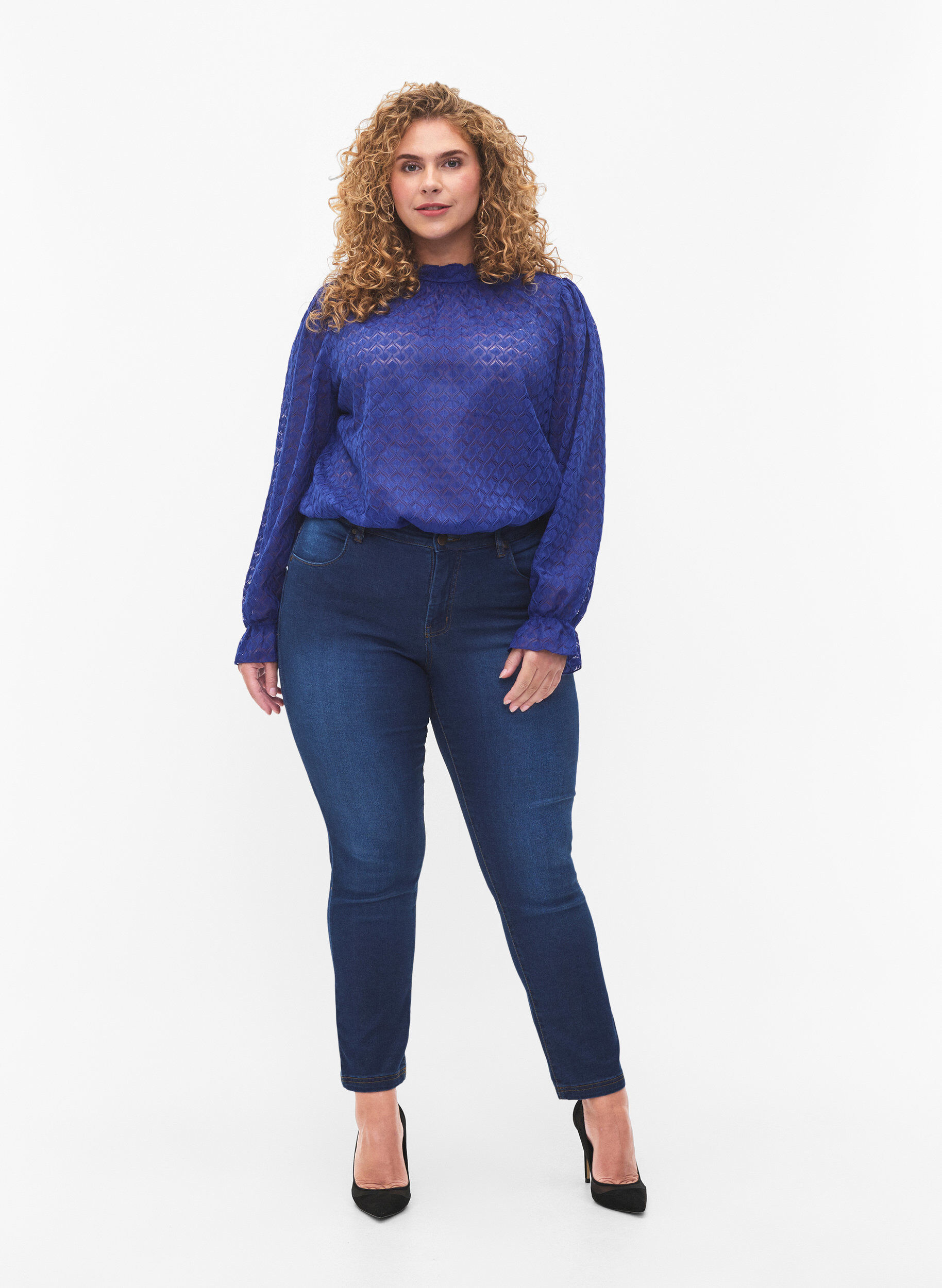 Zizzi Blouse met lange mouwen en gedessineerde textuur, Deep Ultramarine, Model image number 2