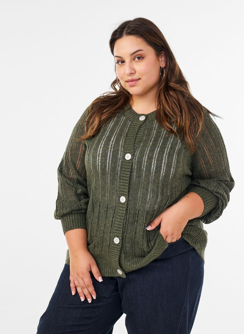Gebreide vest met opengewerkt patroon, Groen, Model image number 0