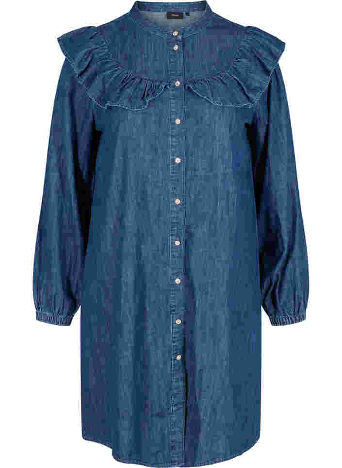Denim jurk met imitatie knopen en ruches, Dark blue denim, Packshot image number 0