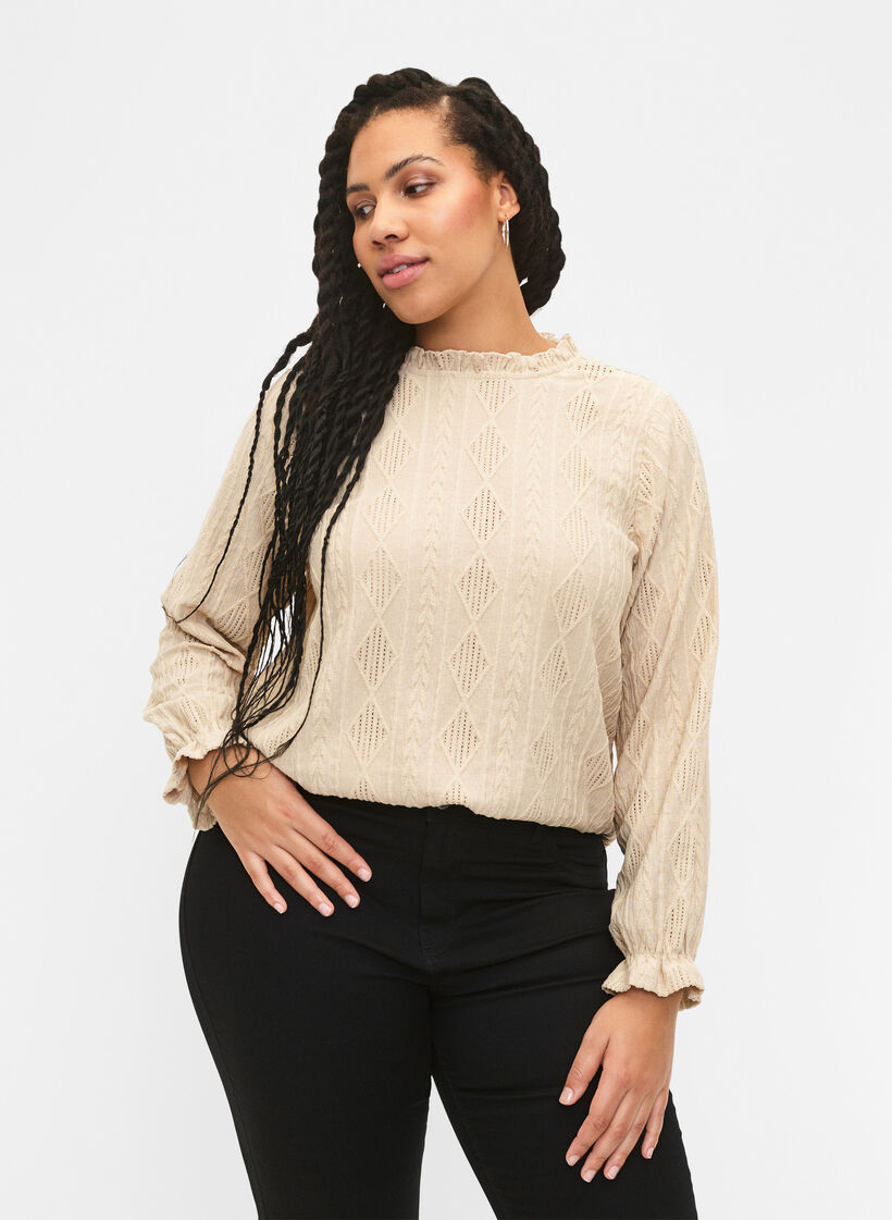 Blouse met ruches en ton-sur-ton-patroon, Sand, Model image number 0