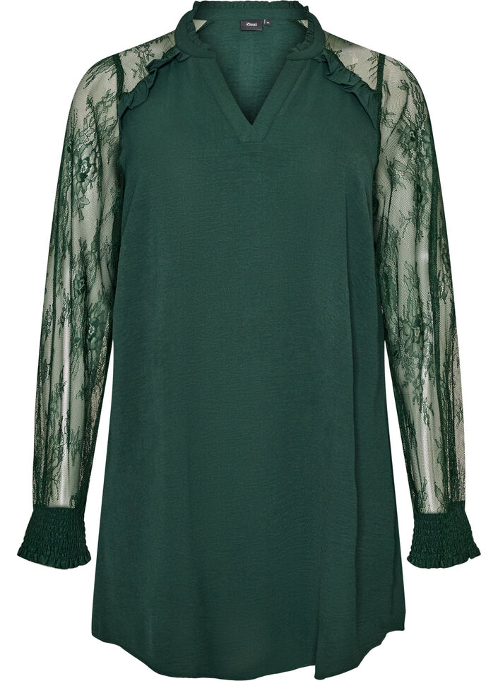 Tuniek met doorschijnende kanten mouwen, Groen, Packshot image number 0