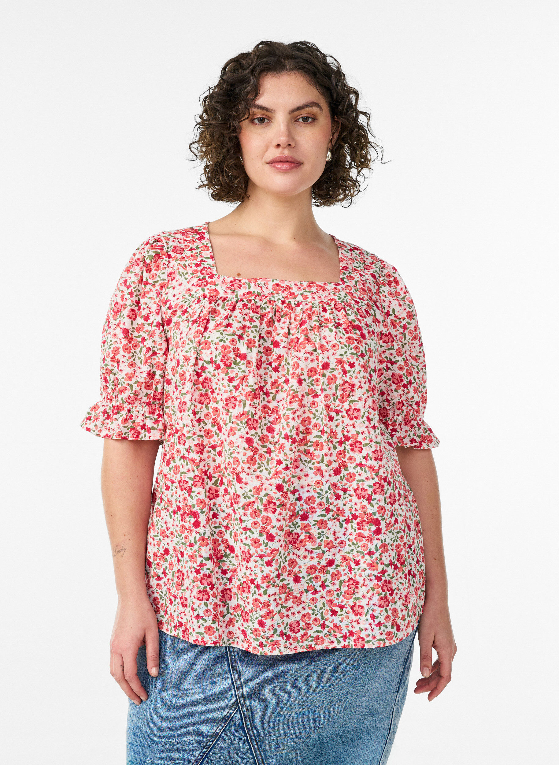 ZizziKatoenen blouse met vierkante halslijn, Rood, Model image number 0