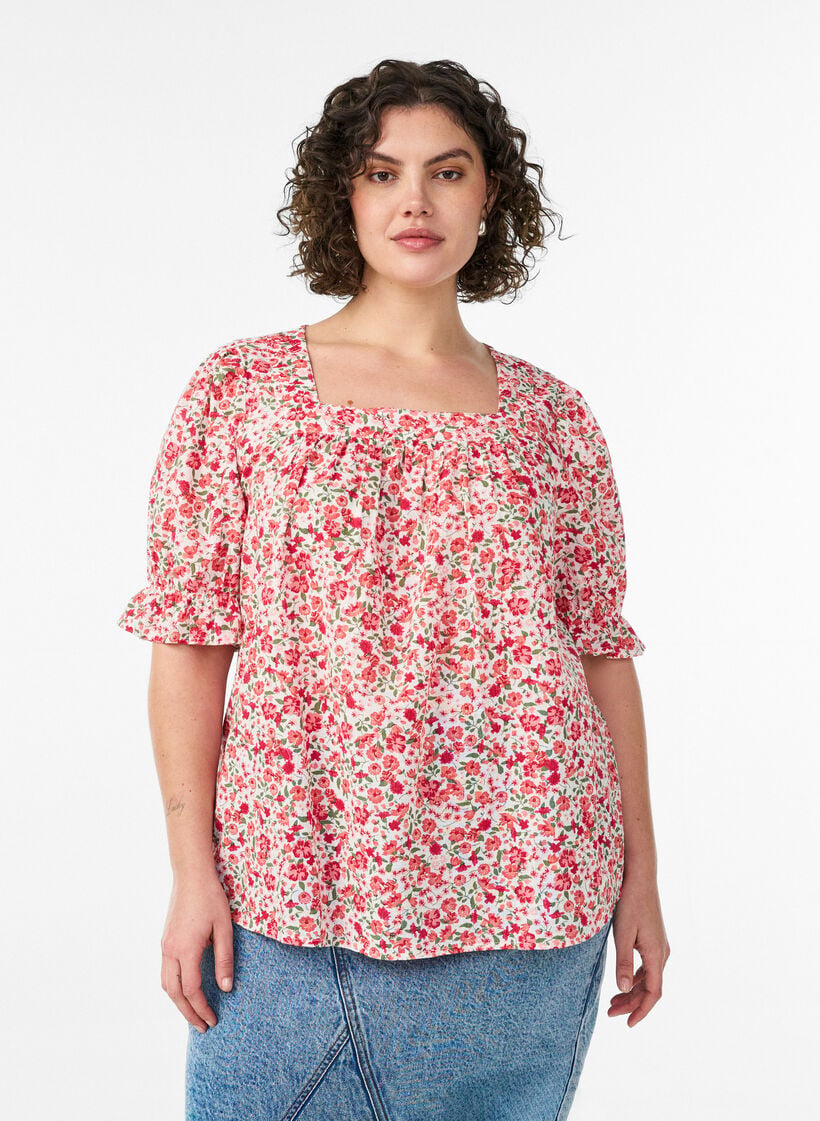 Katoenen blouse met vierkante halslijn, Rood, Model image number 0