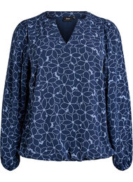 Blouse met lange mouwen met bloemenborduursel, Blauw