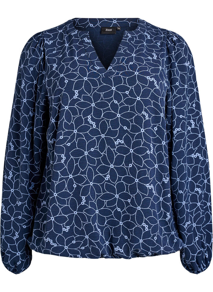 Blouse met lange mouwen met bloemenborduursel, Blauw, Packshot image number 0
