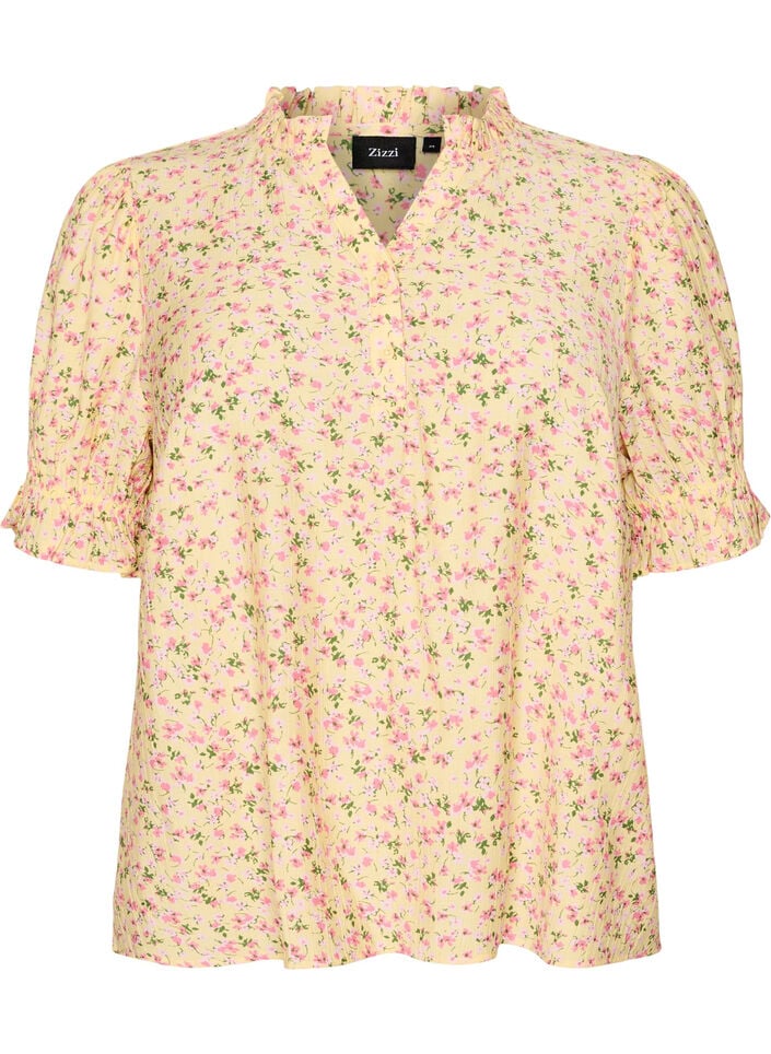 Viscose bloemenblouse met korte mouwen en een rucheskraag, Geel, Packshot image number 0