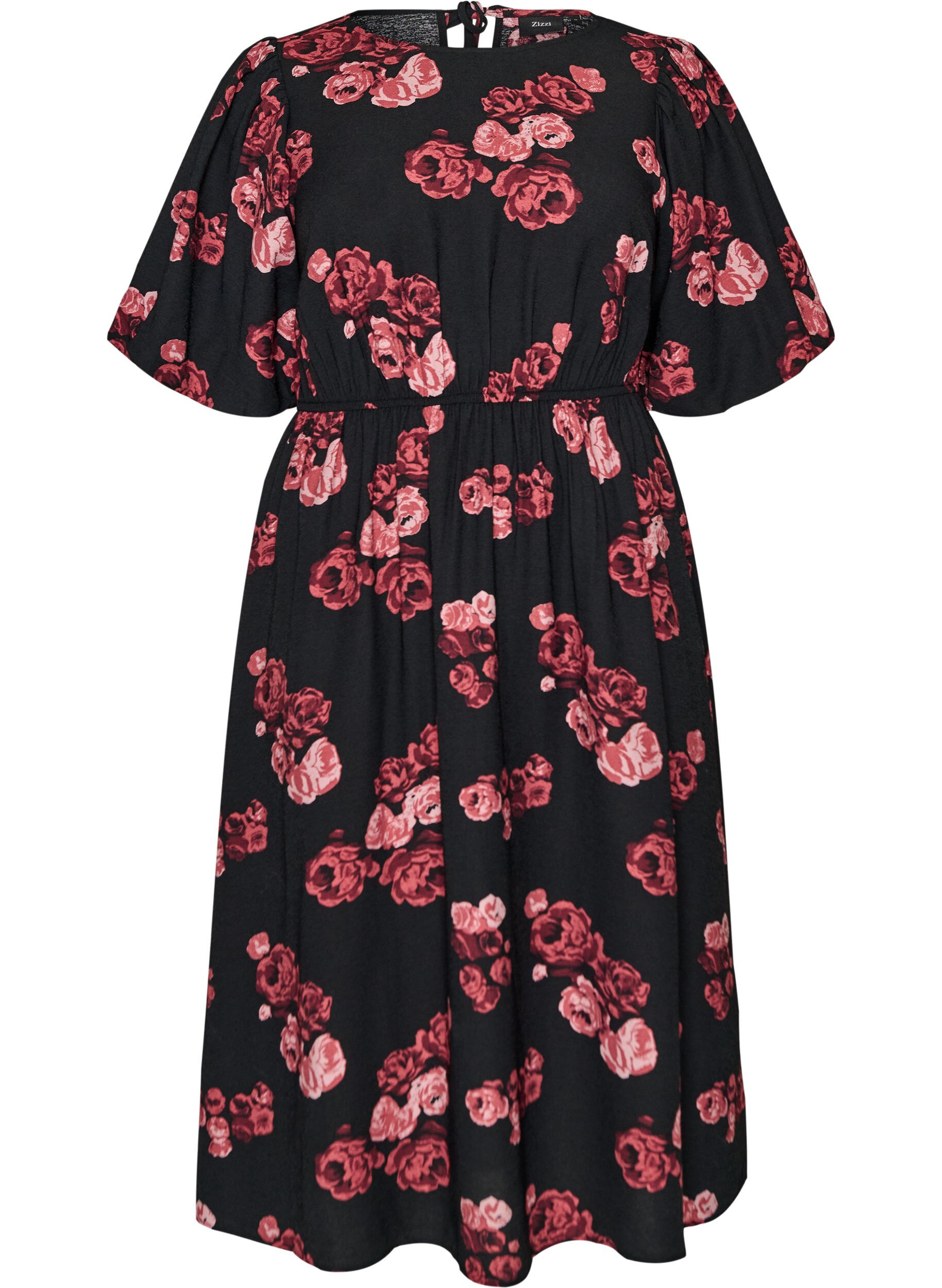 Midi-jurk met rozenprint en korte ballonmouwen
