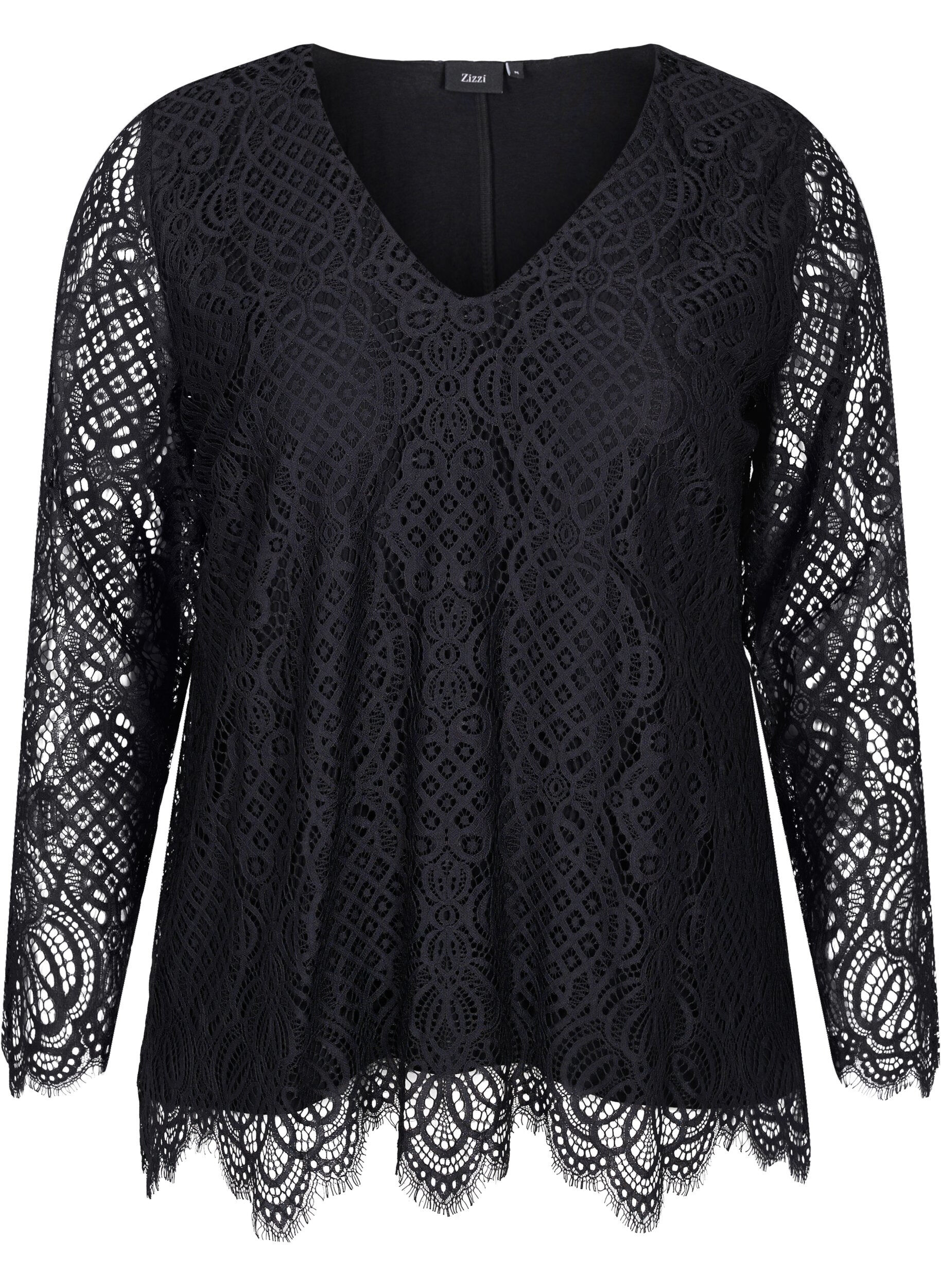 Zizzi Kanten blouse met lange mouwen en v-hals, Black, Packshot image number 0