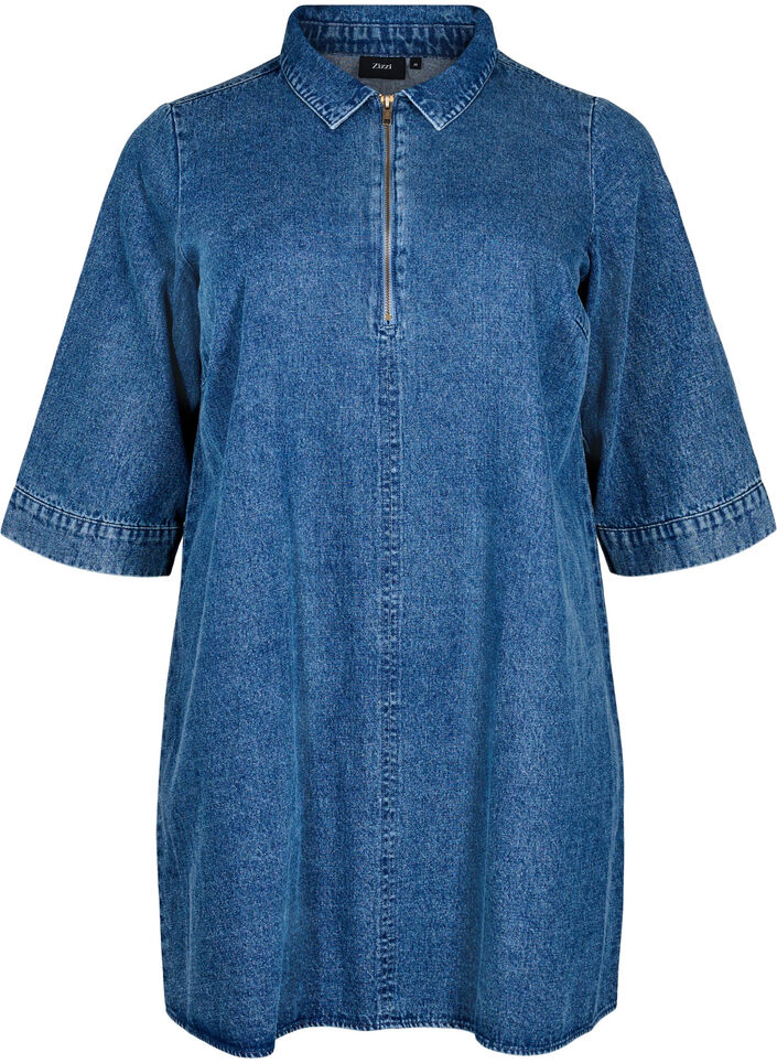 Korte denimjurk met ritssluiting en 3/4 mouwen, Blauw, Packshot image number 0