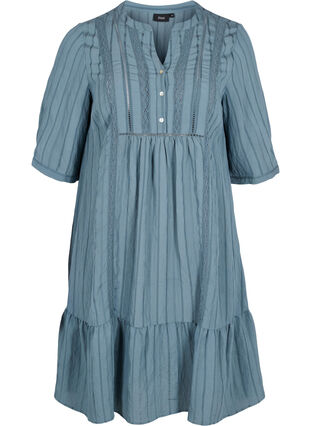 Gestreepte viscose jurk met kanten lint, Goblin Blue, Packshot image number 0