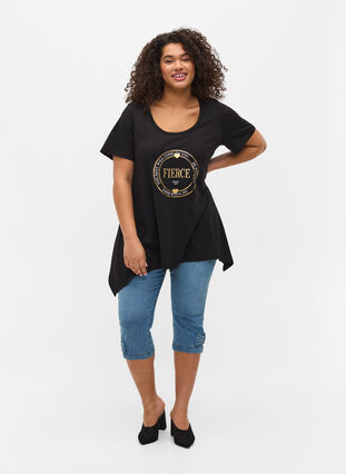 Katoenen t-shirt met korte mouwen en a-lijn, Black FIERCE, Model image number 2