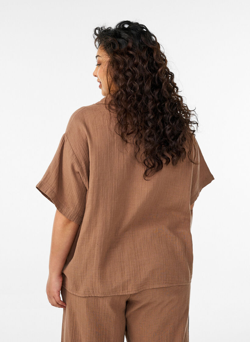 Katoenen mousseline blouse met korte mouwen, Bruin, Model