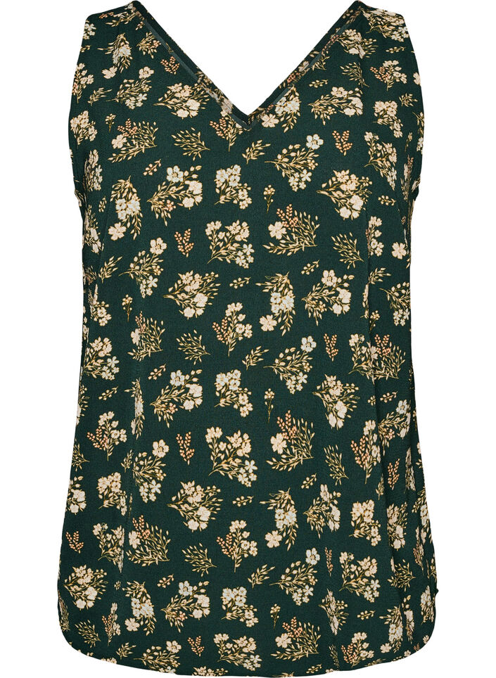 Top met print en V-hals, Groen, Packshot image number 0